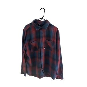 The North Face Mens Plaid Long Sleeve Flannel Shirt Red Blue Snap Button Pockets